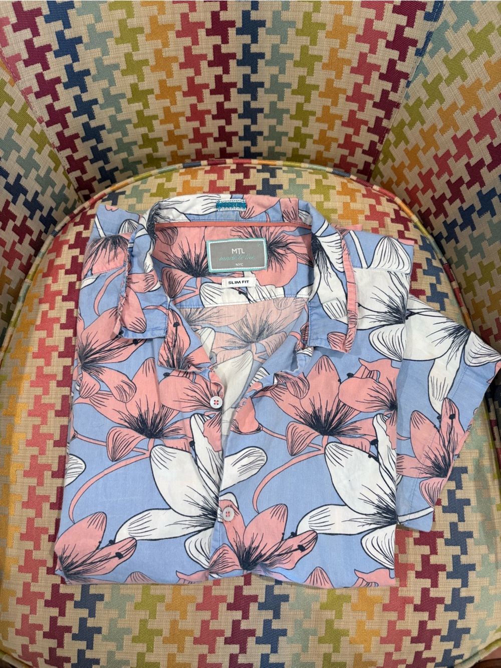 MT Men's Floral Button-Down Shirt - Light Blue with Pink & White Flowers